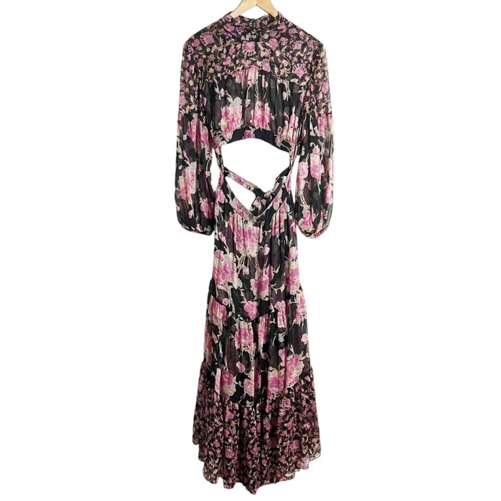 MISA Charlotta Black Pink Floral Print Long Sleeve Open Back Maxi Dress Size XL